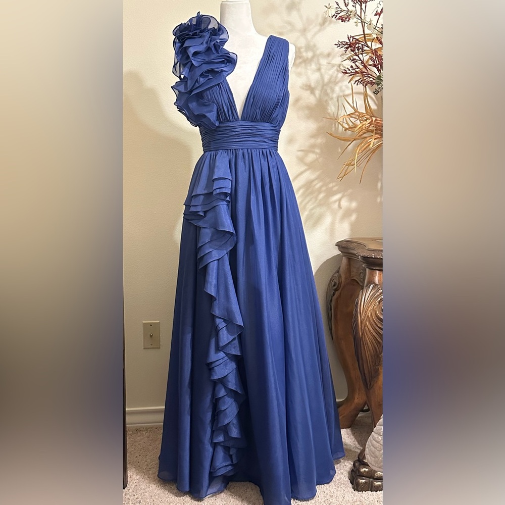 Elegant Blue Evening Gown - MAC Douggal Ruffle Shoulder V Neck